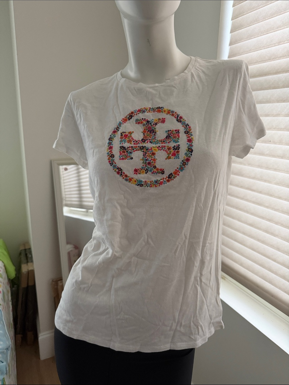 Tory Burch White Short-Sleeve Tee with Multicolor Floral Logo 100% Cotton NWT S